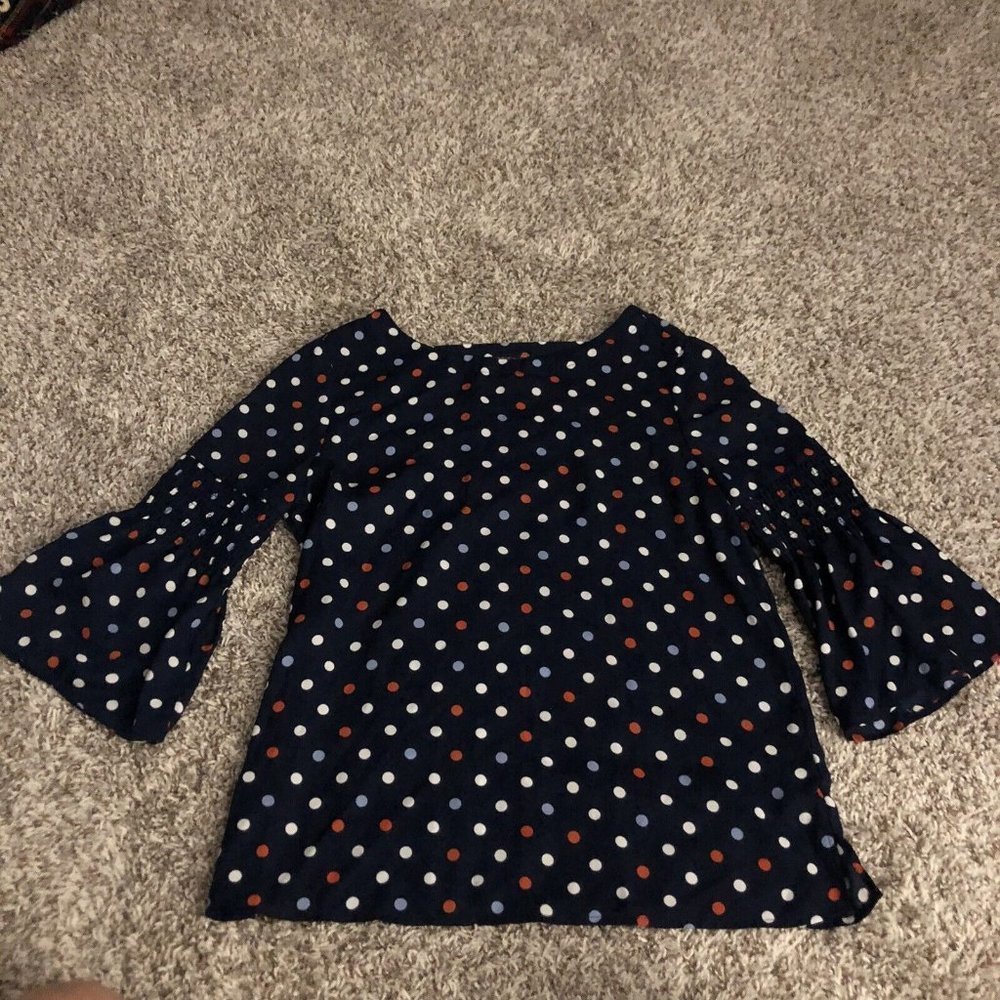 COMO BLU Size M Popover Blouse Top Blue Polka Dot 3/4 Bell Sleeve Keyhole Back